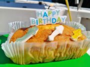 Birthday boy Bert boats blue skate, blue shark and blue whiting Birthdaycake on the silver dawn
