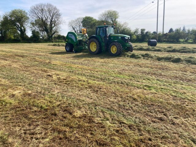Making silage Tractor in field making silage bales