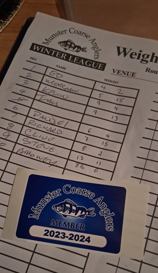 Munster Coarse Anglers score card