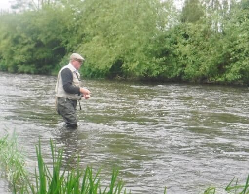 Bob O'Meare fishing wet-fly on a strong flowing Deel above Alta Villa bridge