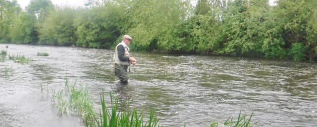 Bob O'Meare fishing wet-fly on a strong flowing Deel above Alta Villa bridge