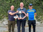 Madden team wins out in Donnellan Cup on Lough O’Flynn Derek Madden joint winner,Michael Donnellan presenting, Gary Madden joint winner Donnellan Cup 2025