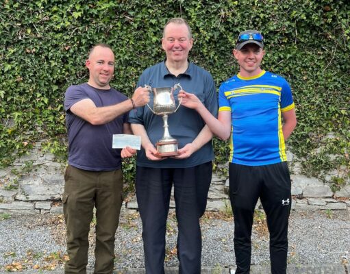 Madden team wins out in Donnellan Cup on Lough O’Flynn Derek Madden joint winner,Michael Donnellan presenting, Gary Madden joint winner Donnellan Cup 2025