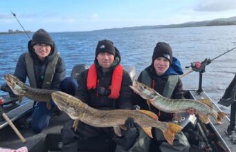 Triple hook up for Adrian, Jamie and Adam with Anglers Paradise Guiding pike